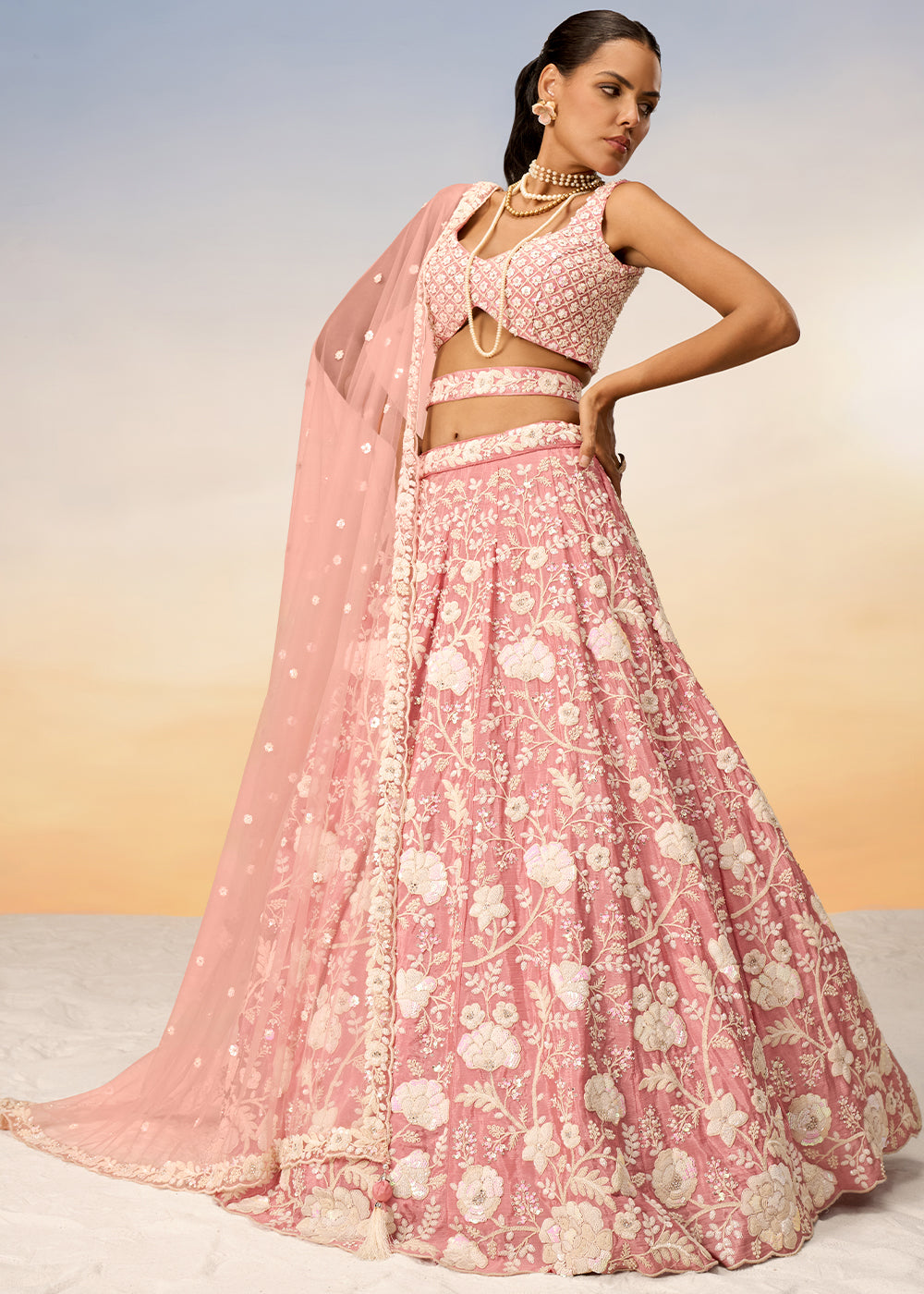 Peach Pink Georgette Lehenga Choli Highlighted with Sequins & Zarkan Embroidery