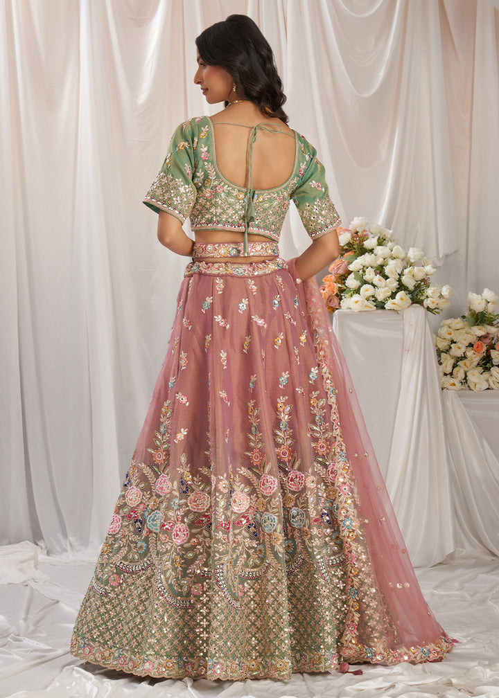 Blush Pink & Green Net Lehenga Choli Adnored with Pearl & Gotapatti Embroidery work: The Bride's Edit