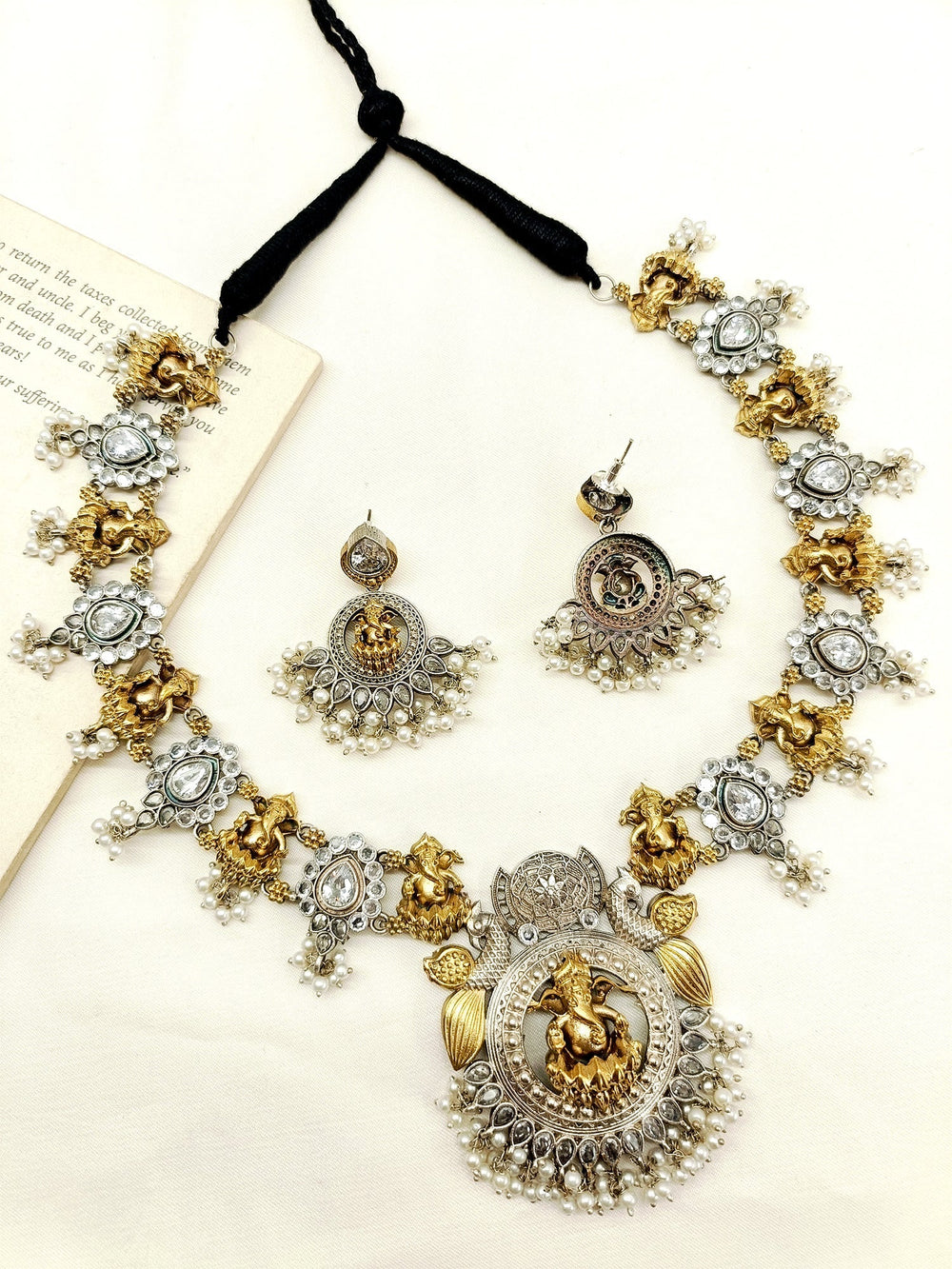 Kashini White Ganesh Ji Oxidized Necklace Set