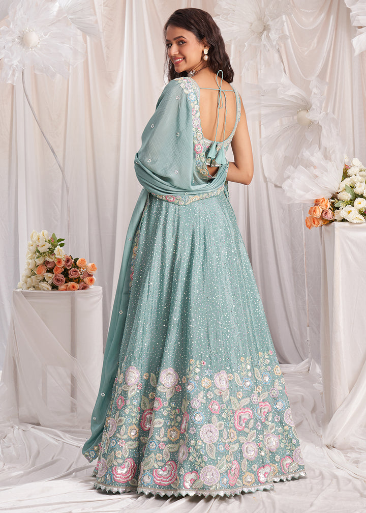 Light Sea Green Chiffon Lehenga Choli Adorned with Sequins & Thread Embroidery