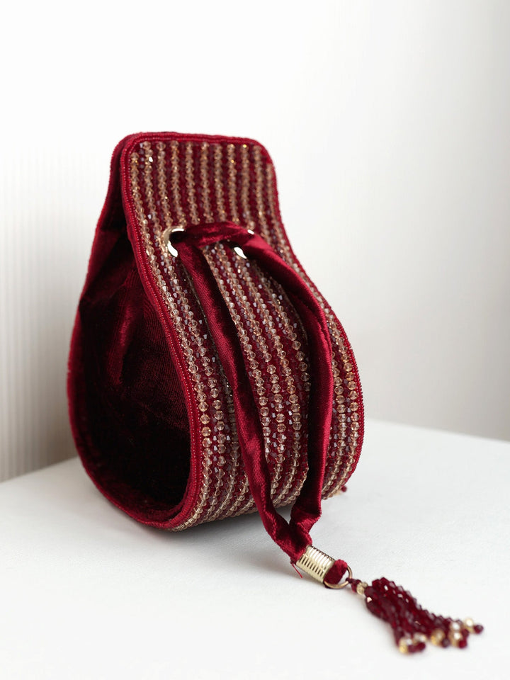 Marlee Maroon Velvet Golden Beaded Potli Bag