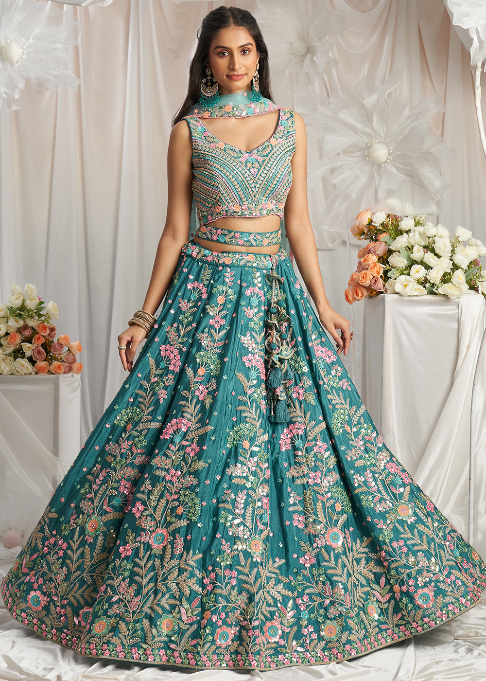 Teal Green Georgette Lehenga Choli Adorned with Sequins Embroidery