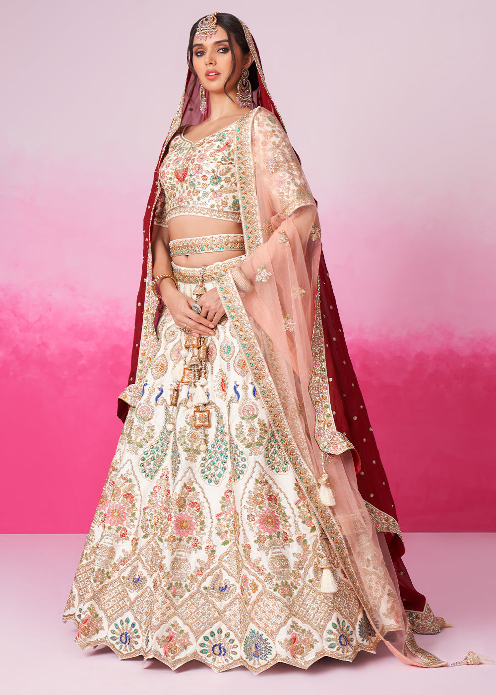 Cream White Silk Lehenga Choli Adorned with Moti & Sequins Embroidery Work: Bridal Collection