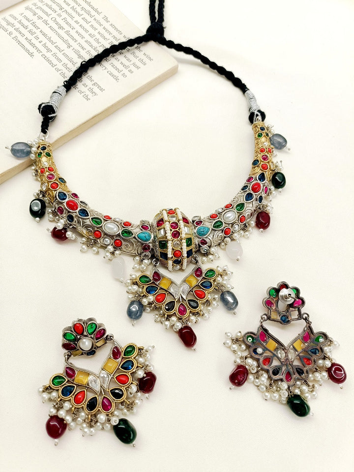 Naija Multi Colour Oxidized Hasli Style Necklace Set