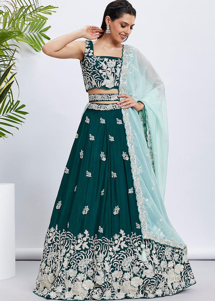 Peacock Blue Green Georgette Lehenga Choli Adorned with Sequins & Thread Embroidery