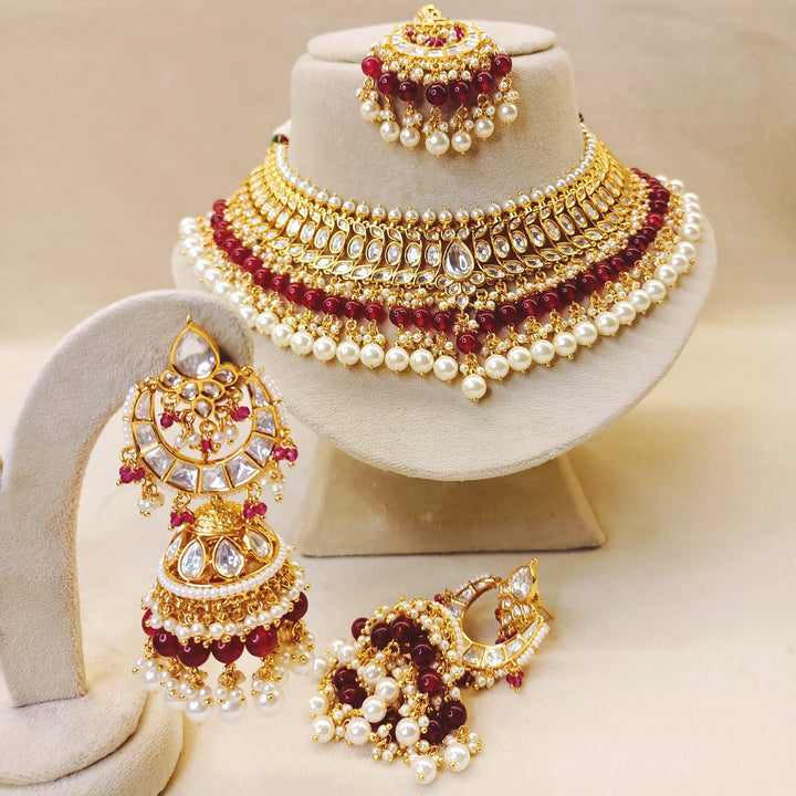 Minal Gold Plated Maroon Pearl Drop And Kundan Necklace Set