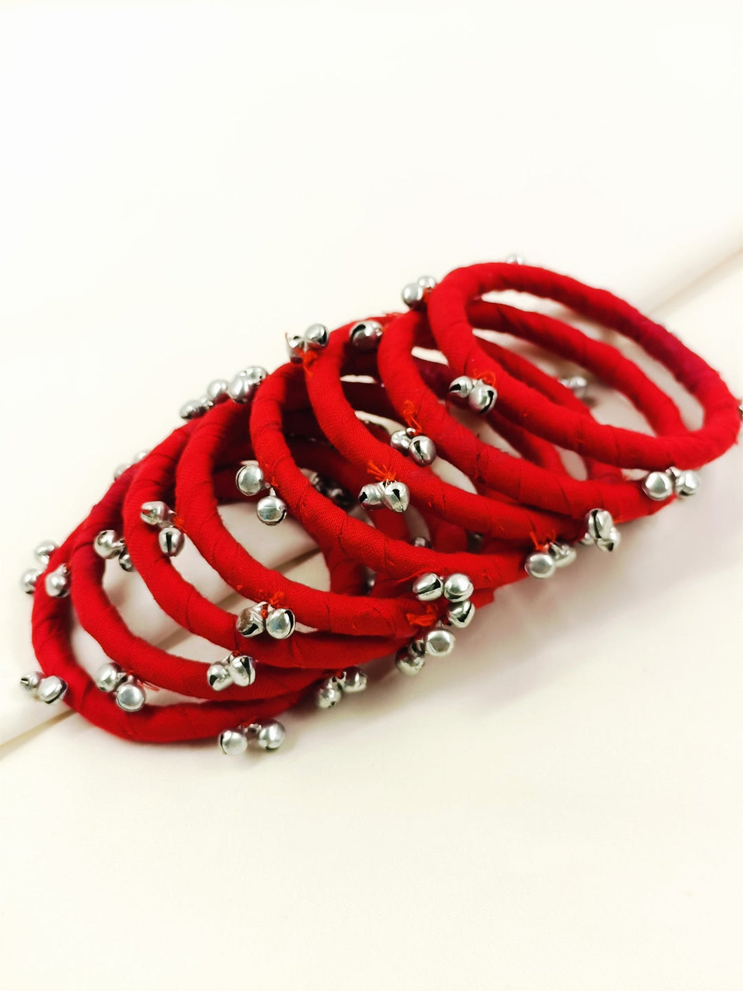 Shailee Red Cloth Bangles with Ghungroo - Handmade Fabric Churi Set of 8