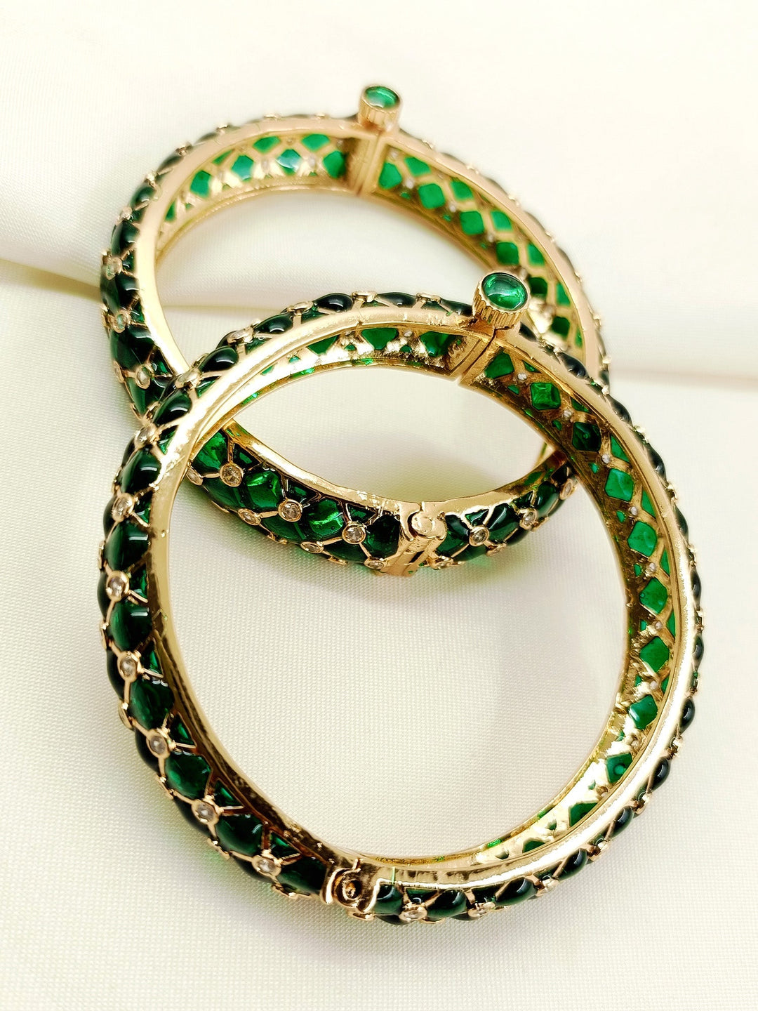 Sariah Green Kundan Bangles - Antique Gold Plating Size 2.4