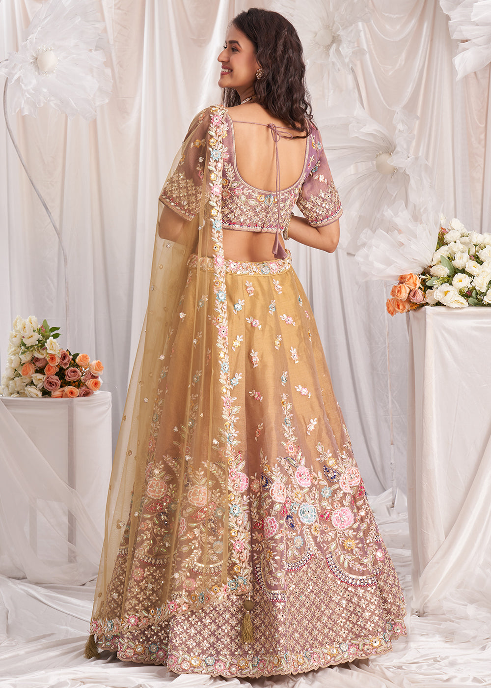 Light Brown & Pink Net Lehenga Choli Adorned with Pearl & Gotapatti Embroidery work: The Bride's Edit