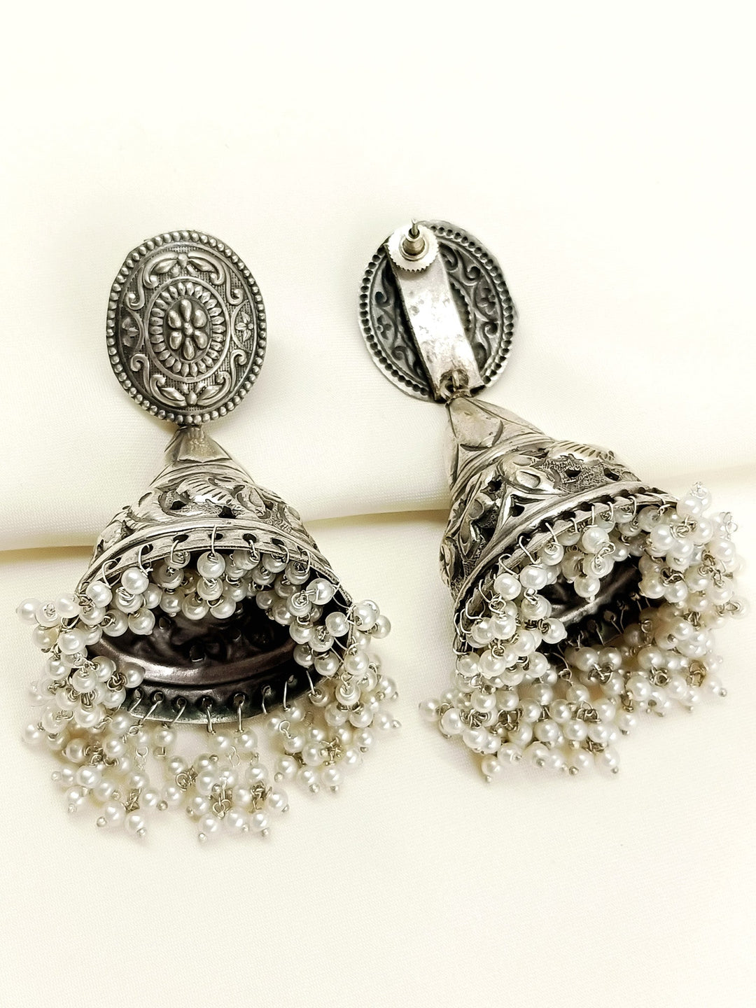 Bhumi White Pearl Oxidized Jhumki
