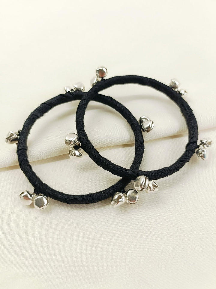 Zinal Black Cloth Bangles with Ghungroo | Handmade Fabric Churi Set of 8