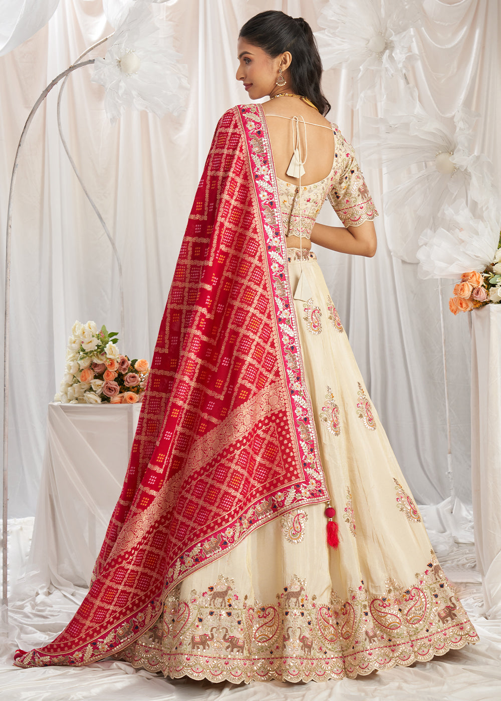 Cream White & Pink Tissue Lehenga Choli Intricate with Gotapatti Embroidery Work