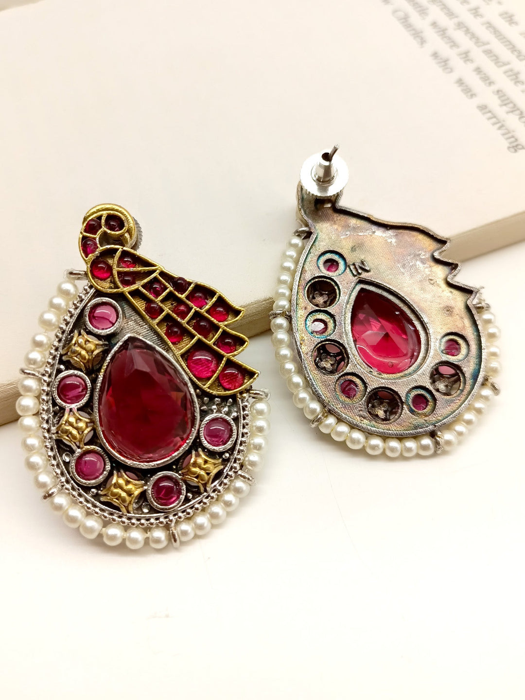 Konkana Maroon Peacock Oxidized Earrings