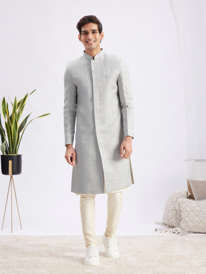 Sarvati Men's Grey Jaccard Sherwani With Cream Kurta Pant Set