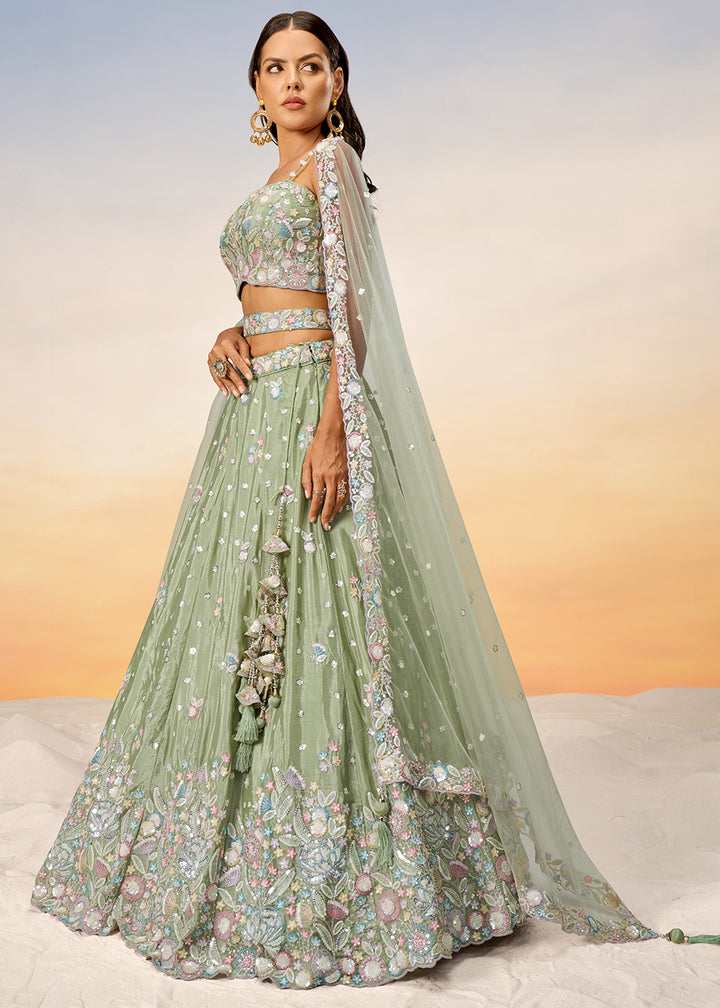 Lime Green Chiffon Lehenga Choli Adorned with Sequins & Thread Embroidery