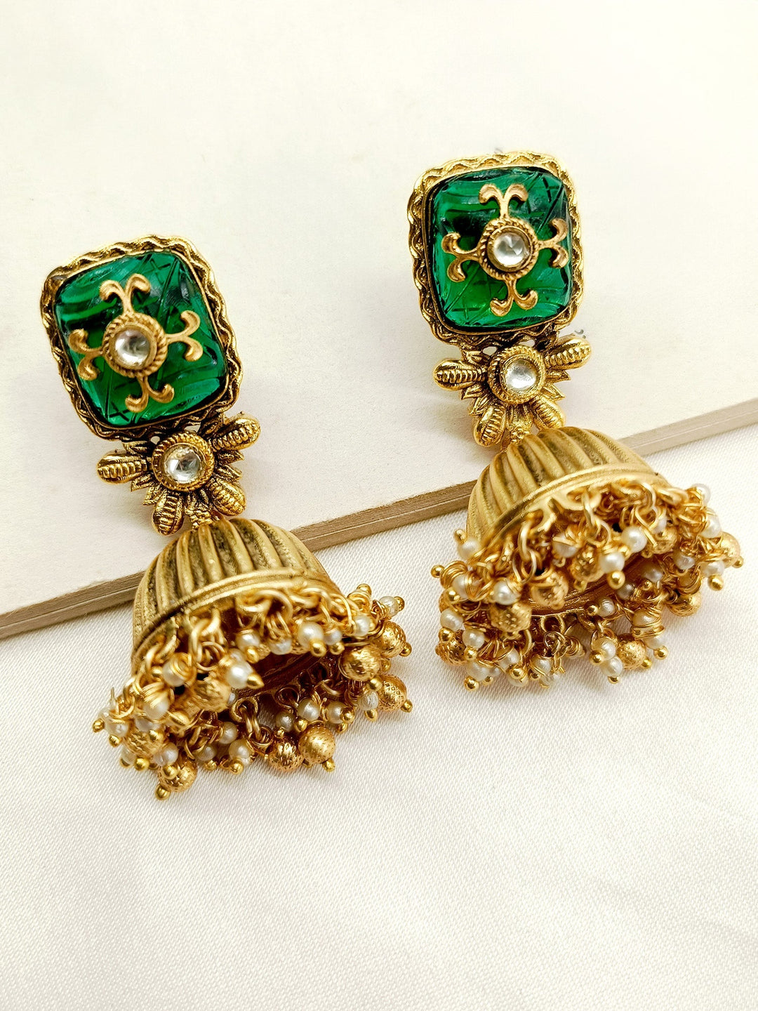 Madhuri Green Stone Gold Plated Antique Jhumki