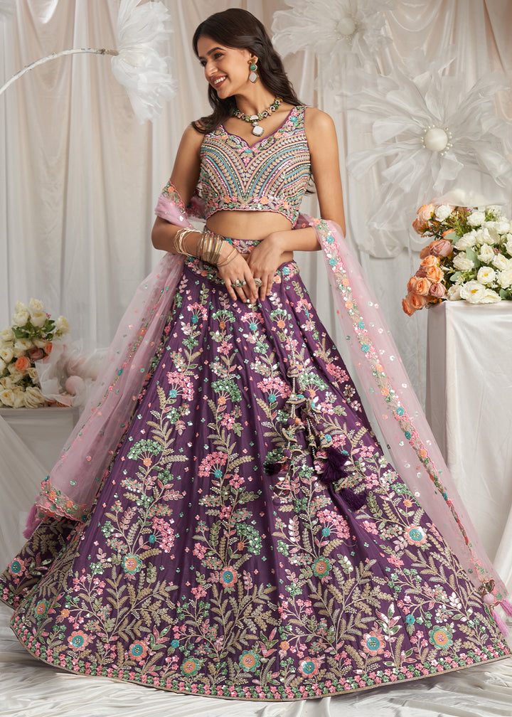 Pomegranate Purple Georgette Lehenga Choli Adorned with Sequins Embroidery