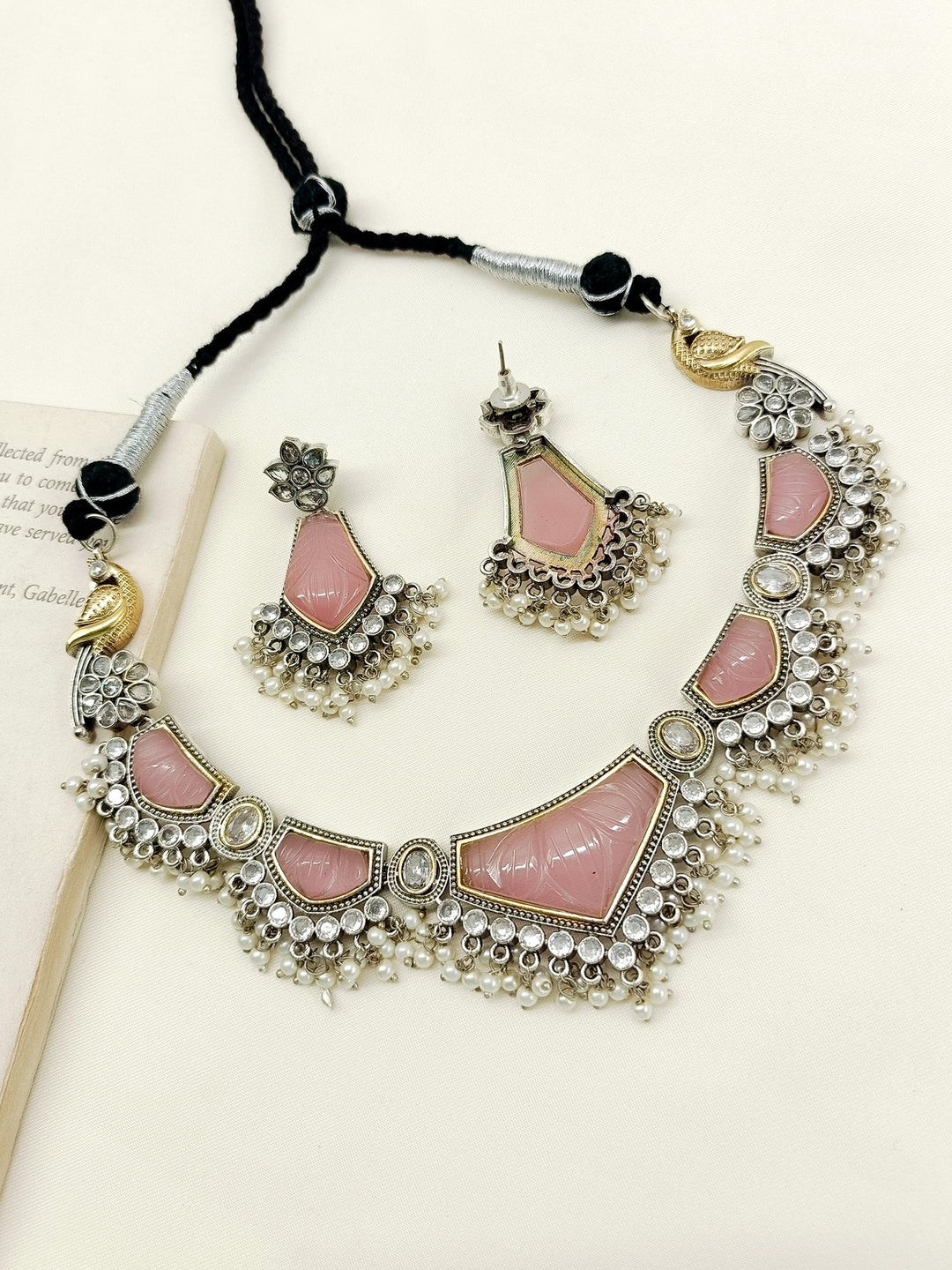 Lajvanti Baby Pink Oxidized Necklace Set