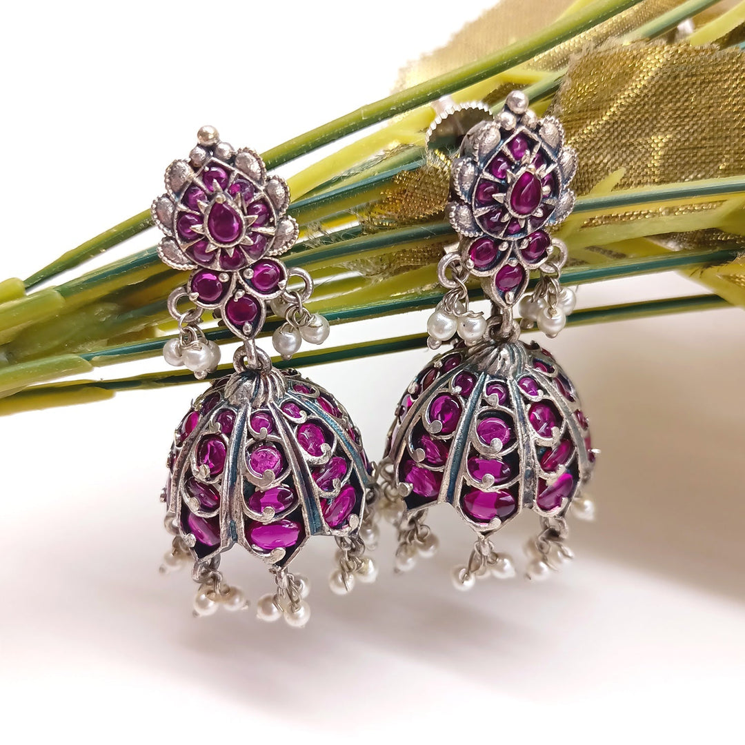 Manjari Silver Oxidised Ruby Jhumka