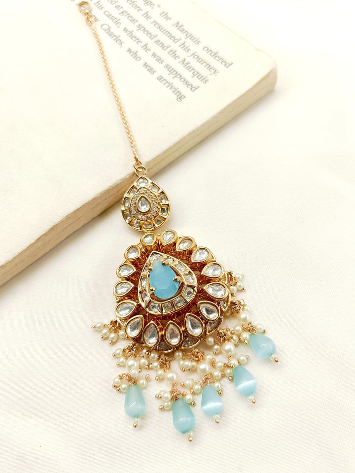 Zehreena Sky Blue Gold Plated Kundan Teeka