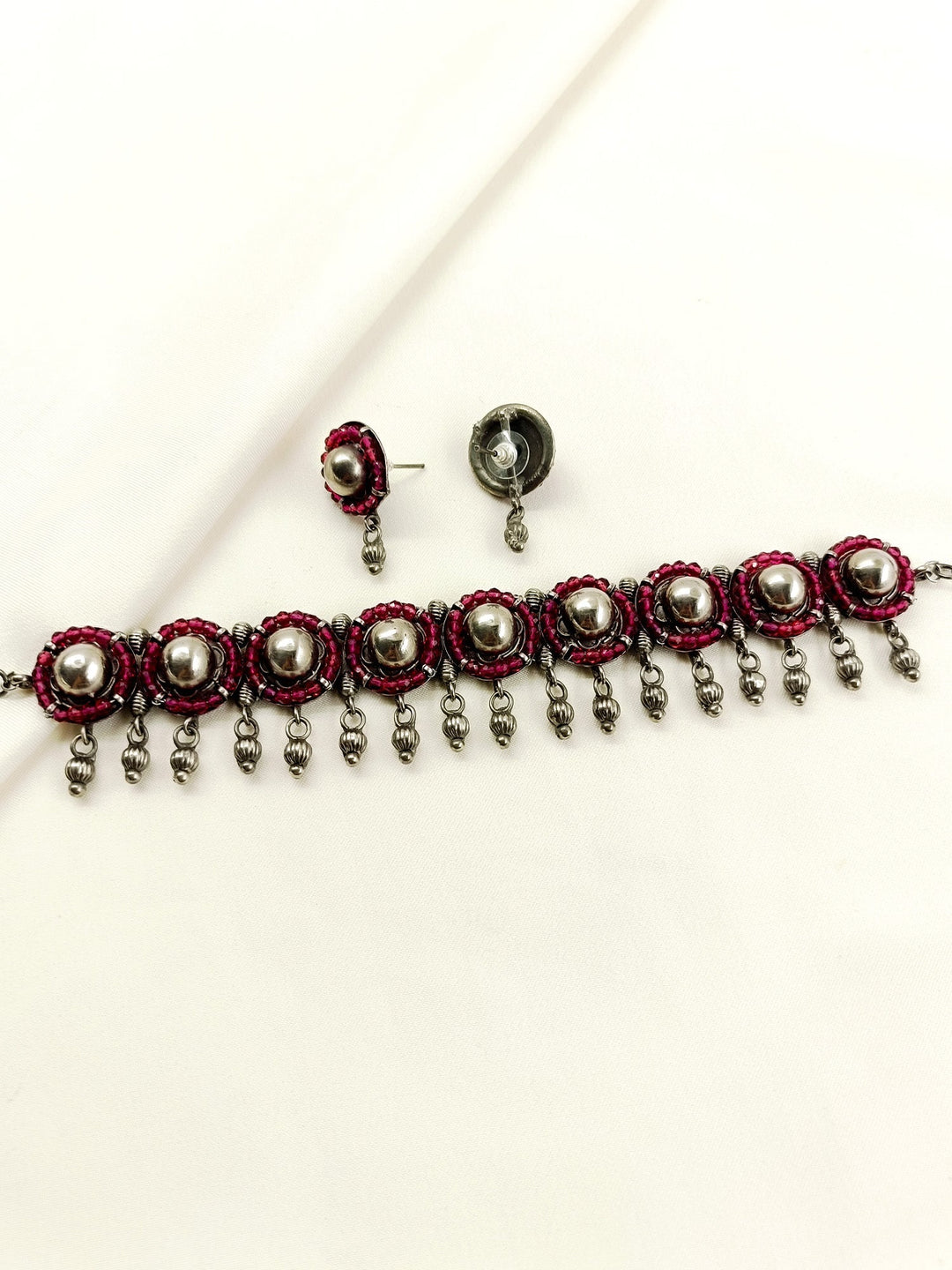 Adrika Ruby Oxidized Choker Set - Silver Plating Necklace