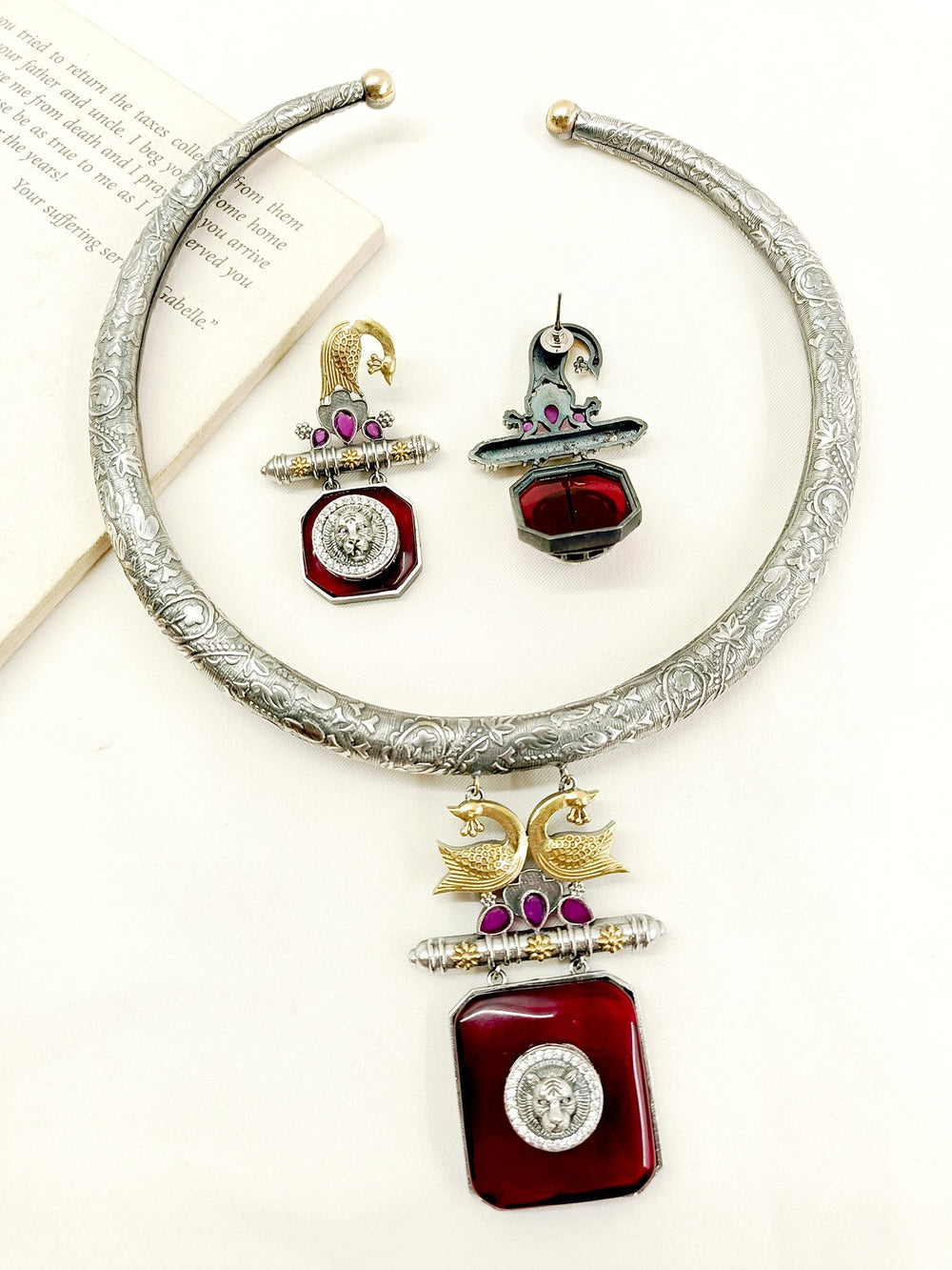 Budiwati Maroon Oxidized Hasli Style Necklace Set