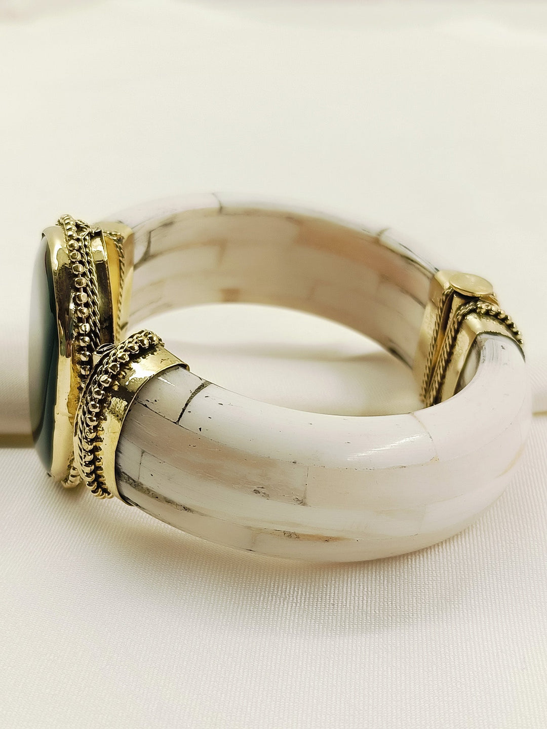 Sammi White Bone Green Stone Kada Men's Bracelet