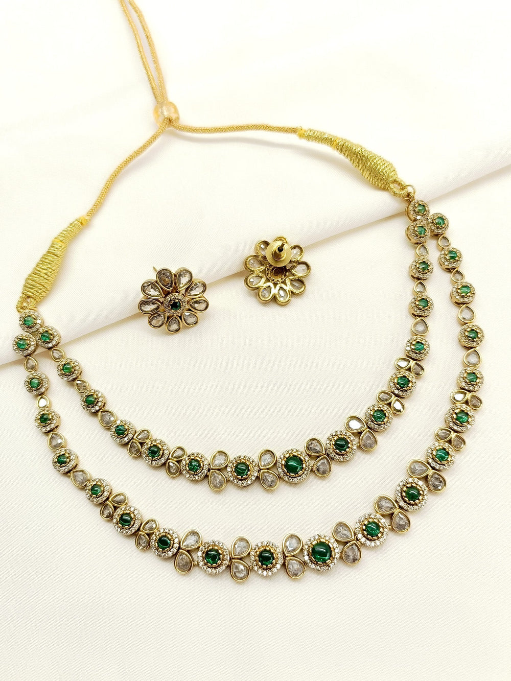 Yuka Green Double layered Polki Necklace Set