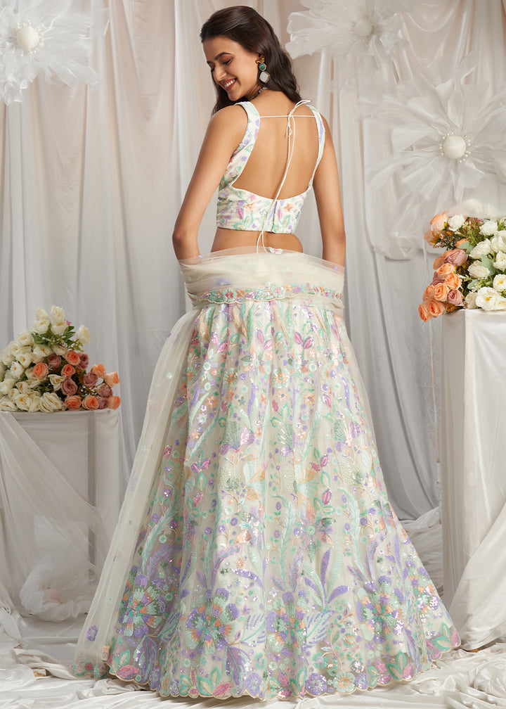 Pearl White Net Lehenga Choli Adorned with Sequins Embroidery Work