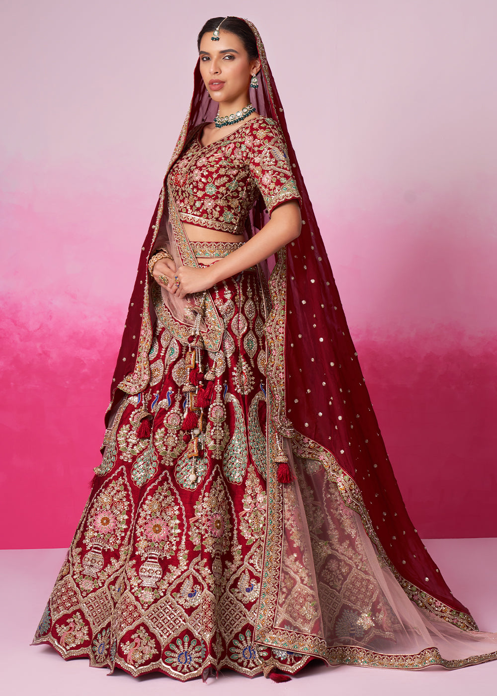 Maroon Red Silk Lehenga Choli Adorned with Moti & Sequins Embroidery Work: Bridal Collection