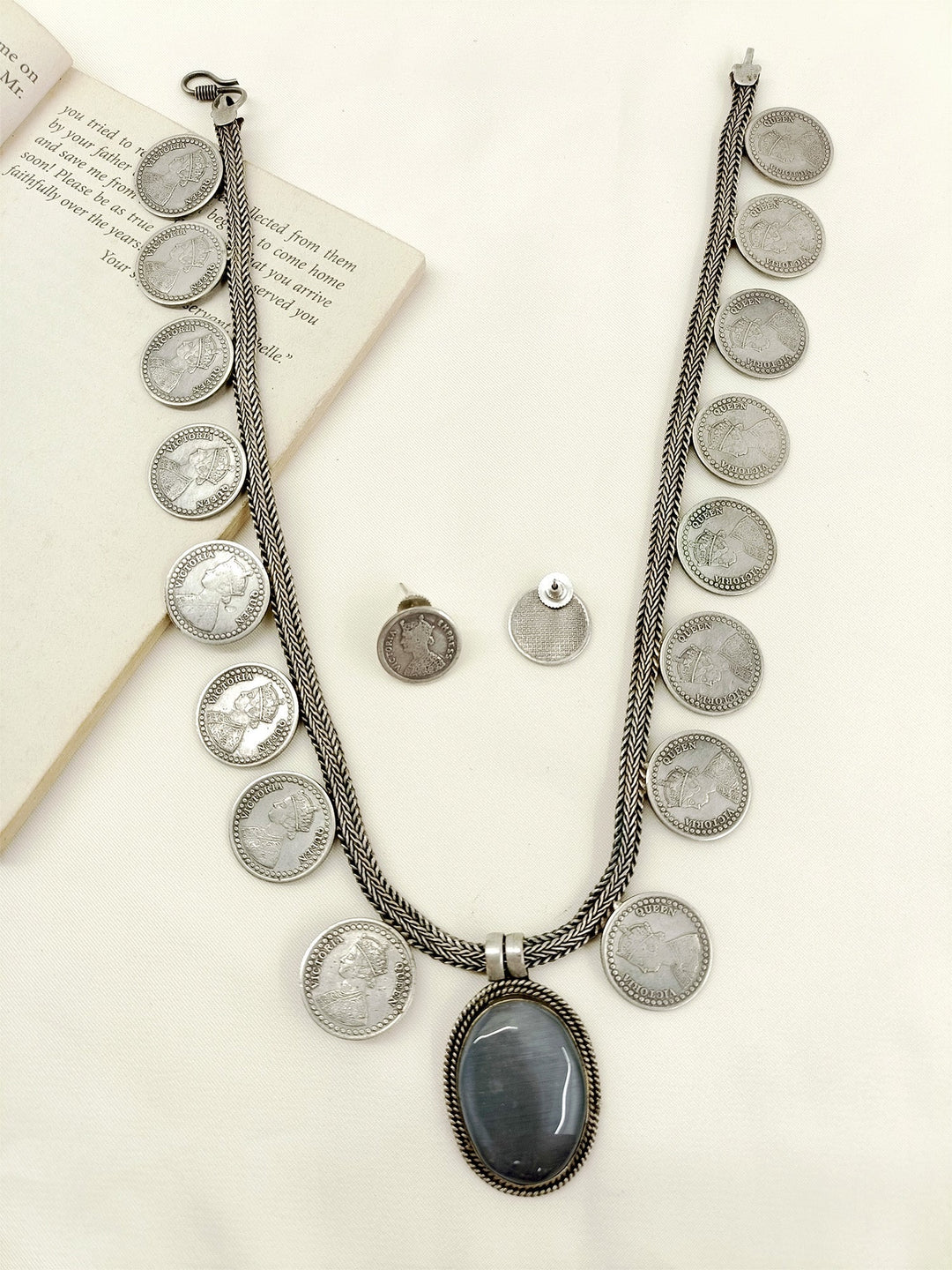 Erum Grey German Silver Oxidized Necklace Set