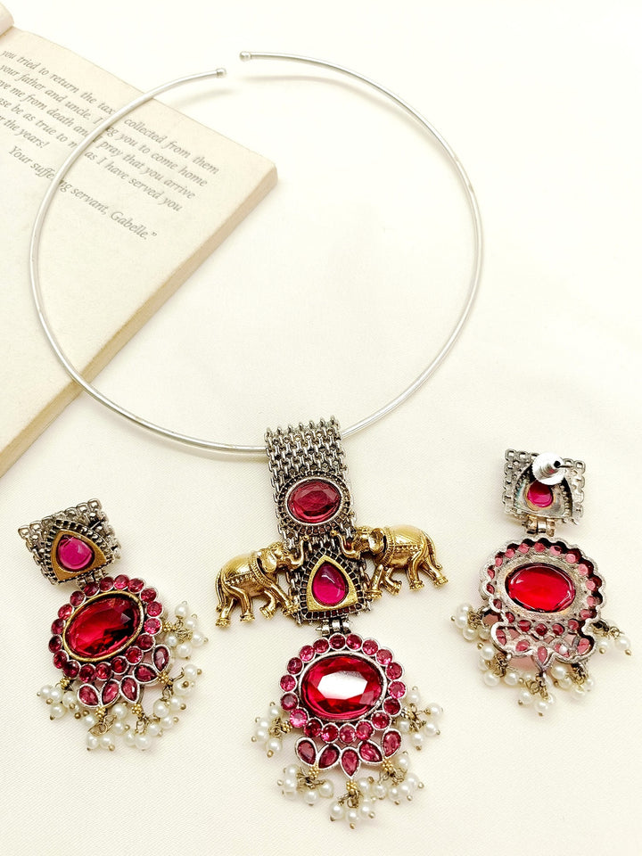 Dinal Maroon Elephant Oxidized Hasli Style Necklace Set