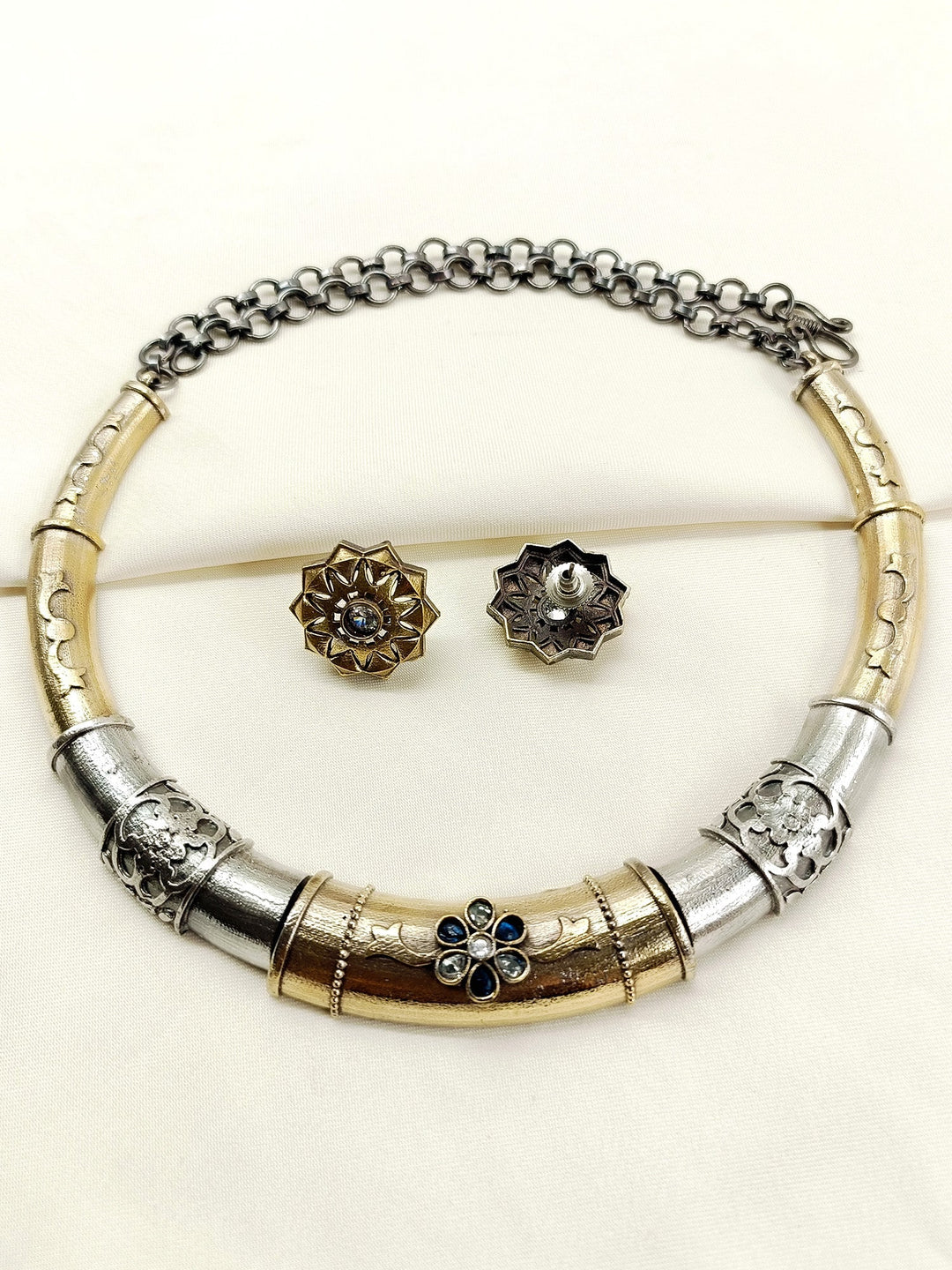 Nilima Blue Oxidized Hasli Styled Choker Set - Necklace