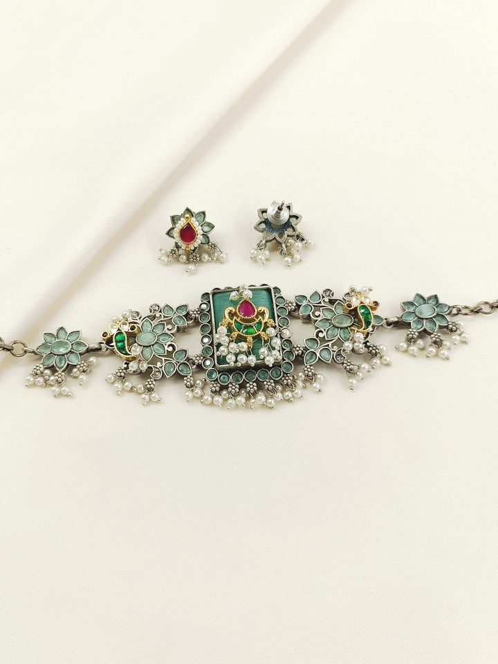 Noshin Mint Green Oxidized Choker Set