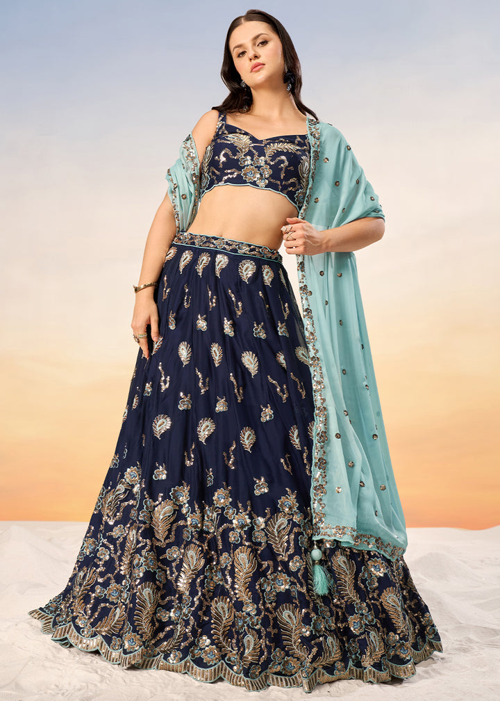 Denim Blue Georgette Lehenga Choli Adorned with Sequins Embroidery