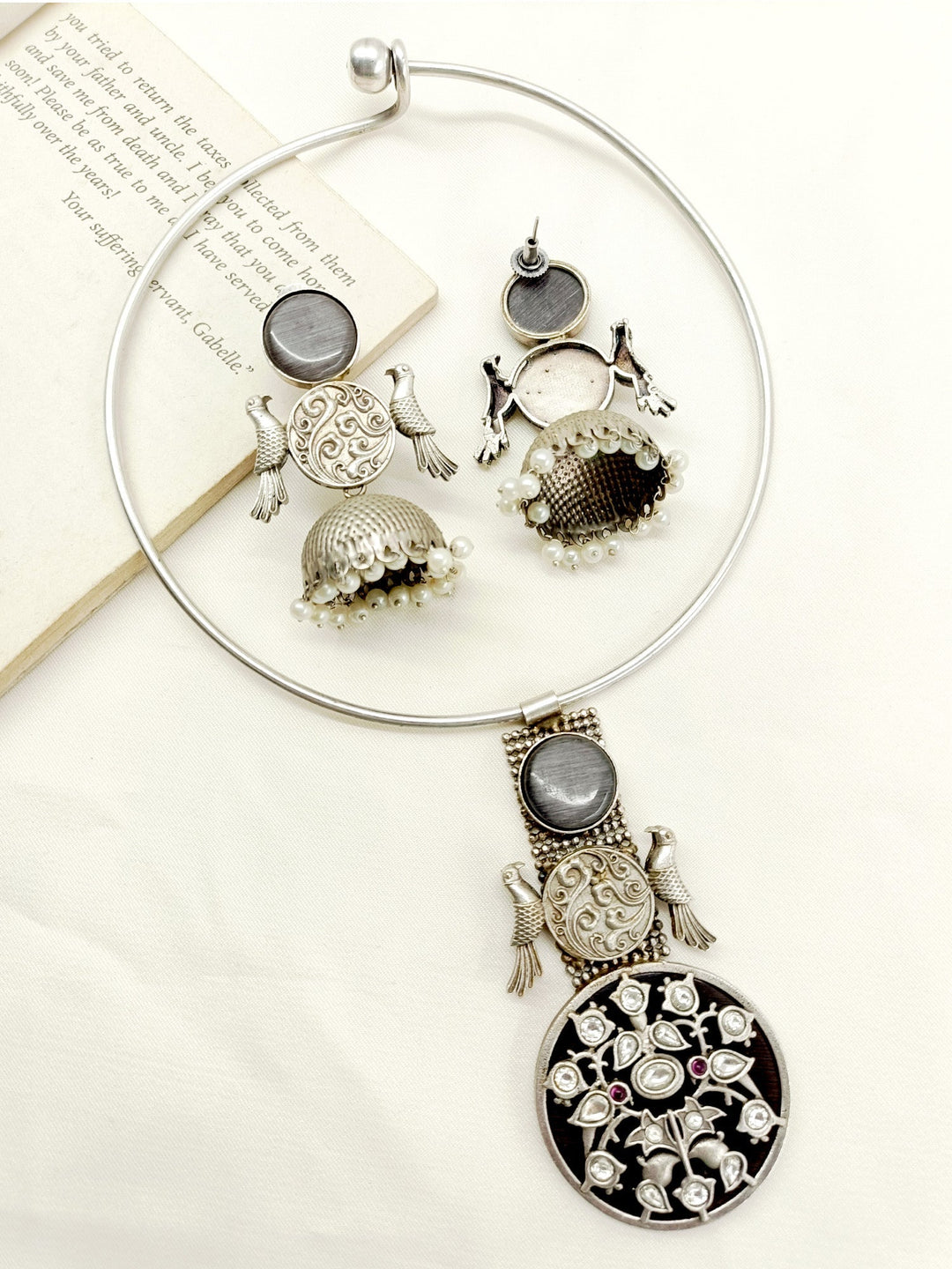 Odette Grey Oxidized Hasli Style Necklace Set