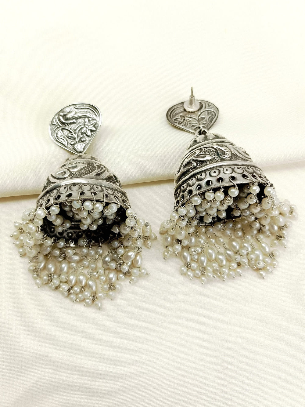 Ruchi White Pearl Oxidized Jhumki - Earrings 9.5 cm