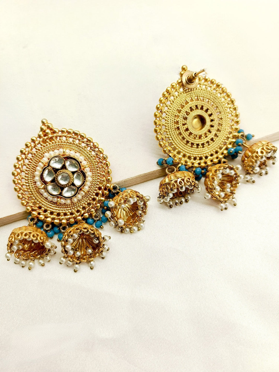 Kajal Sky Blue Stone Gold Plated Antique Jhumki