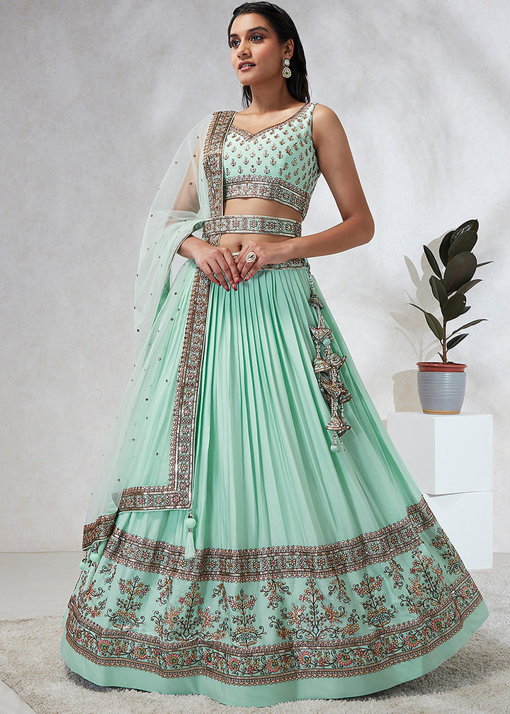 Mint Green Georgette Lehenga Choli Highlighted with Sequins & Thread Embroidery