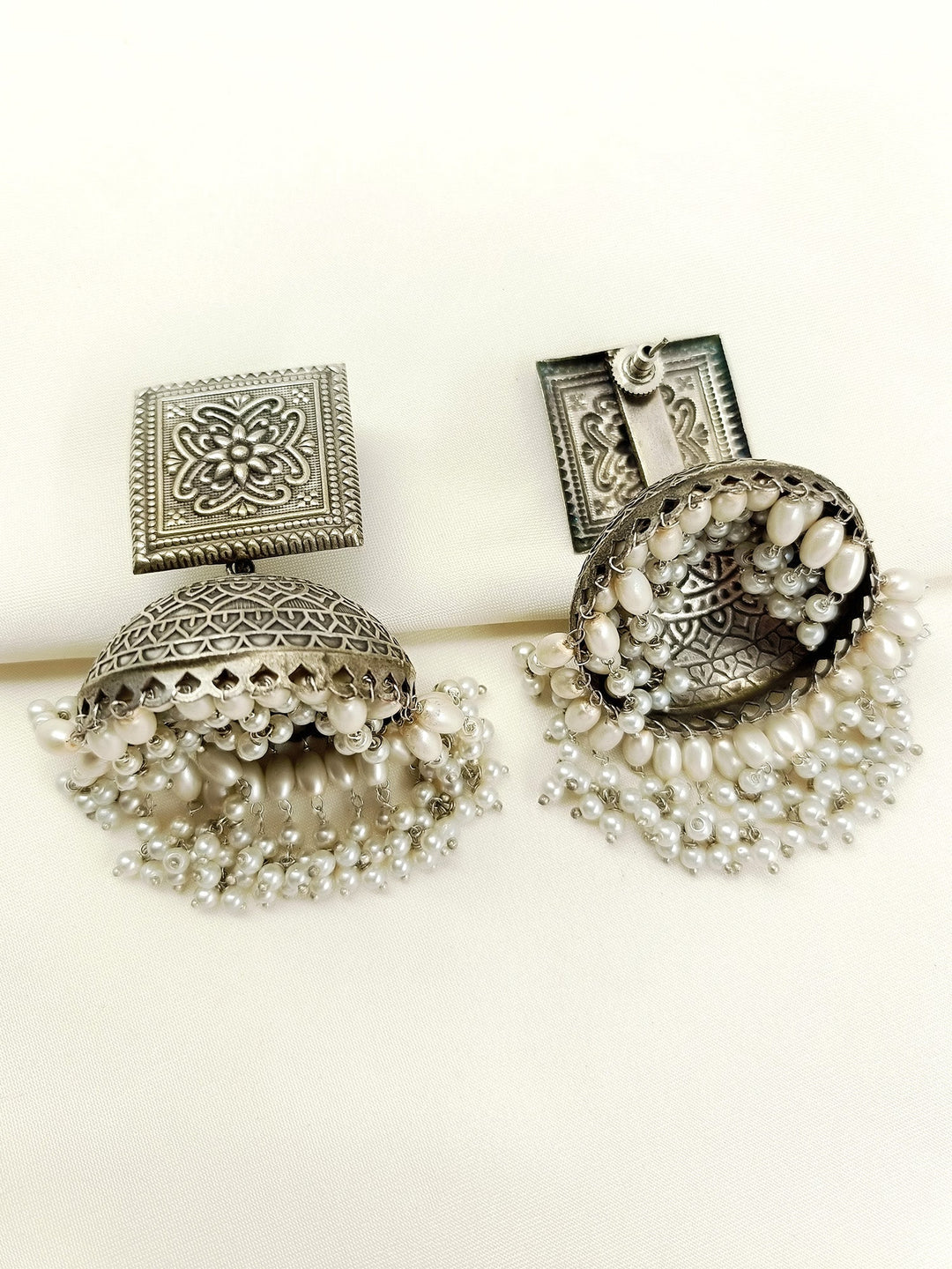 Maliyah White Pearl Oxidized Jhumki - Dangler Earrings