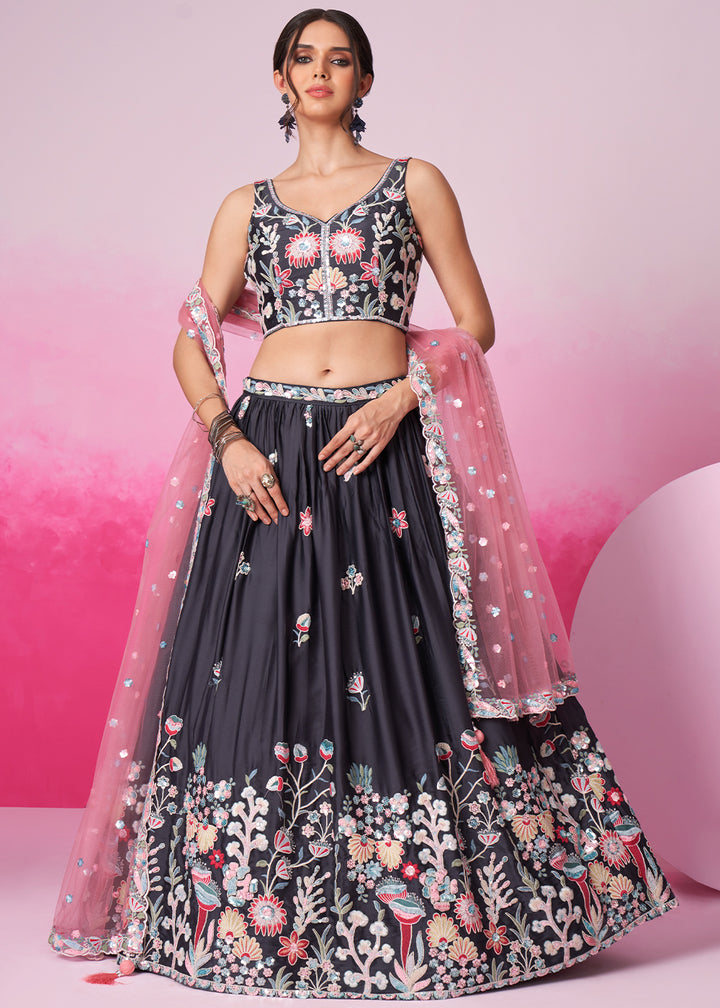 Jet Grey Satin Silk Lehenga Choli Adorned with Sequins Embroidery