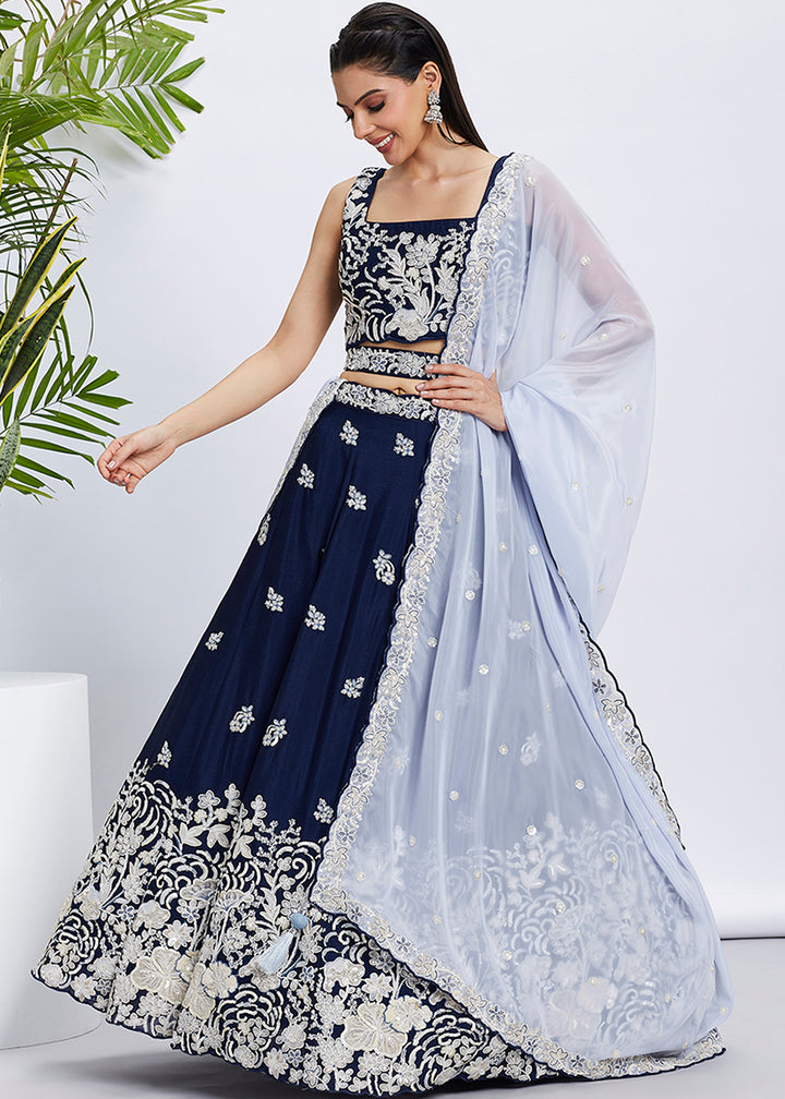 Berry Blue Georgette Lehenga Choli Adorned with Sequins & Thread Embroidery