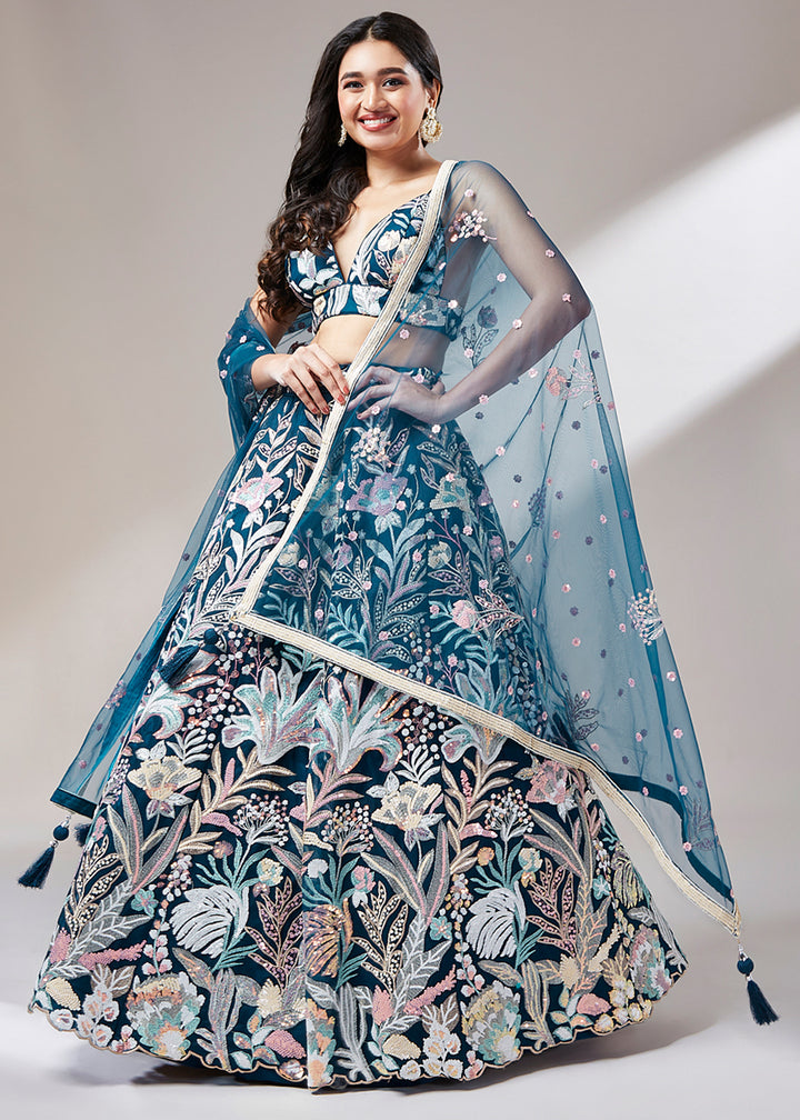 Yale Blue Net Lehenga Choli Adorned with Thread Embroidery and Sequins