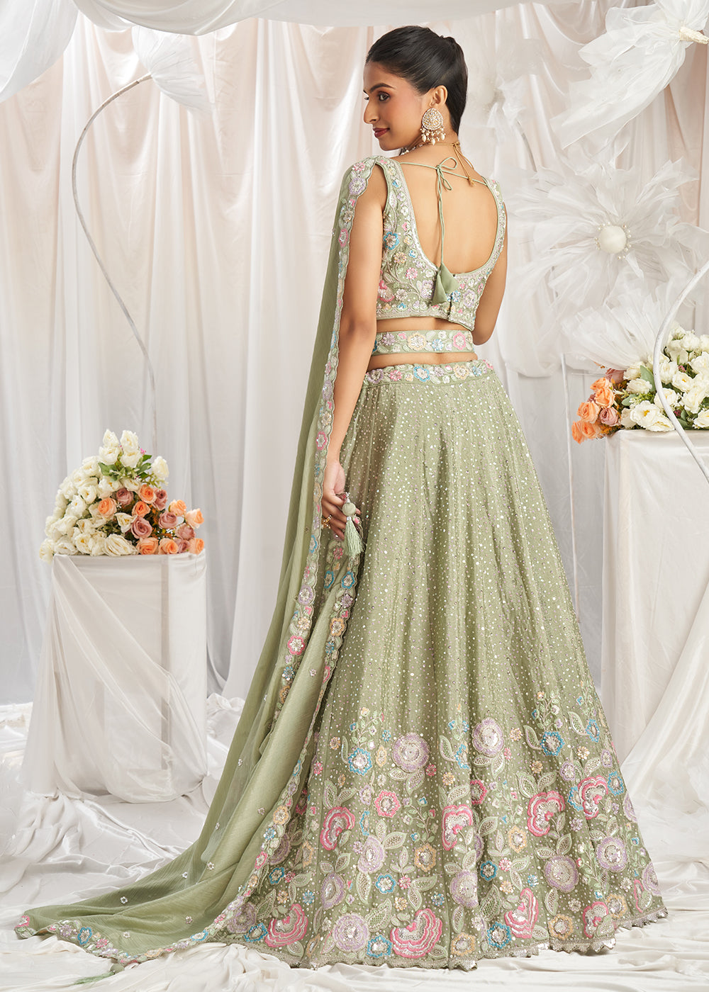 Lime Green Chiffon Lehenga Choli Adorned with Sequins & Thread Embroidery