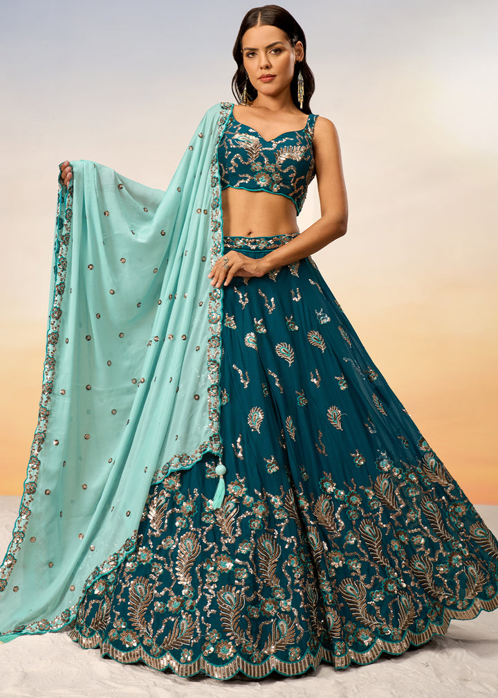 Teal Blue Georgette Lehenga Choli Adorned with Sequins Embroidery