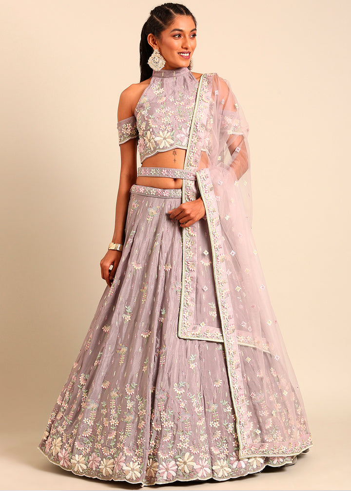 Thistle Purple Georgette Lehenga Choli Highlighted with Zarkan and Sequins Work