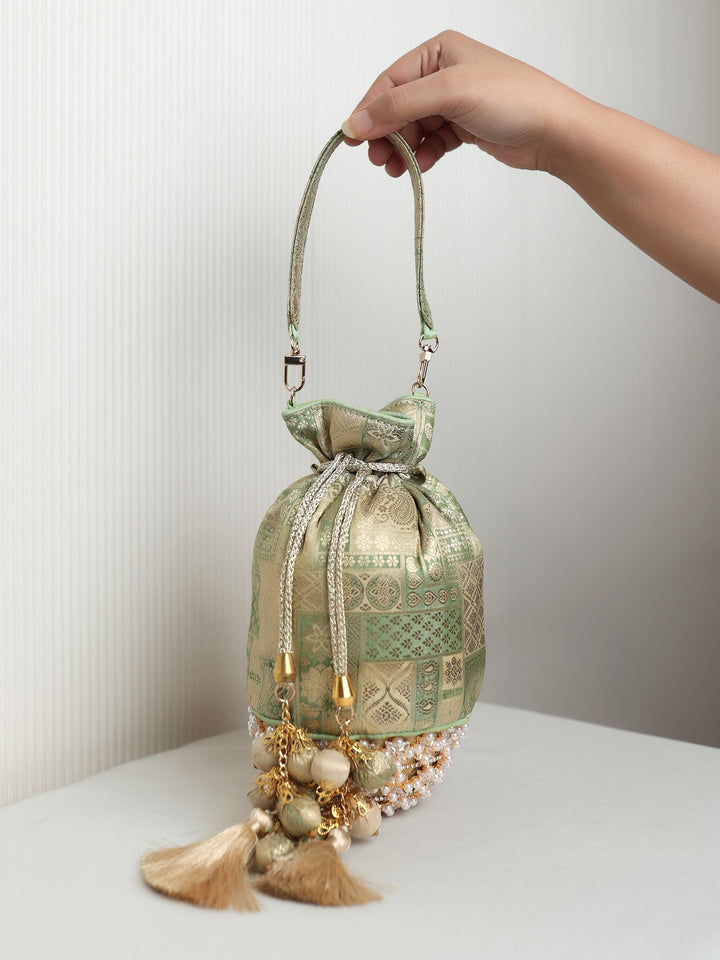 Doris Sage Green Banarasi Brocade Potli Bag with Pearl Base