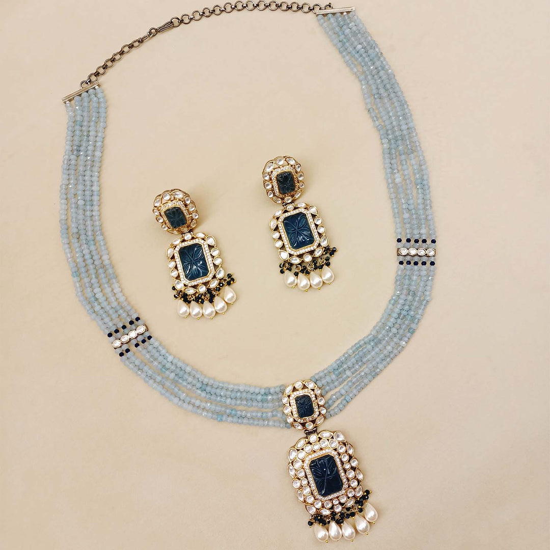 Rehemat Navy Blue Stone Gold & Rhodium Plated Victorian Set