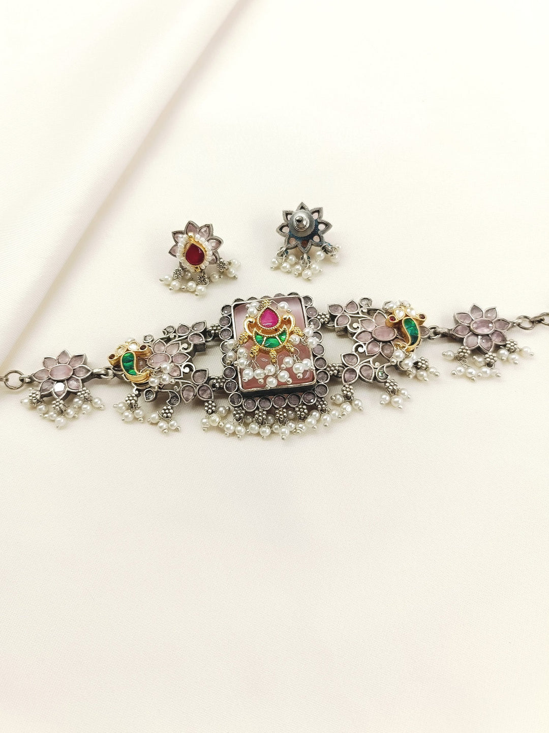 Celia Baby Pink Oxidized Choker Set