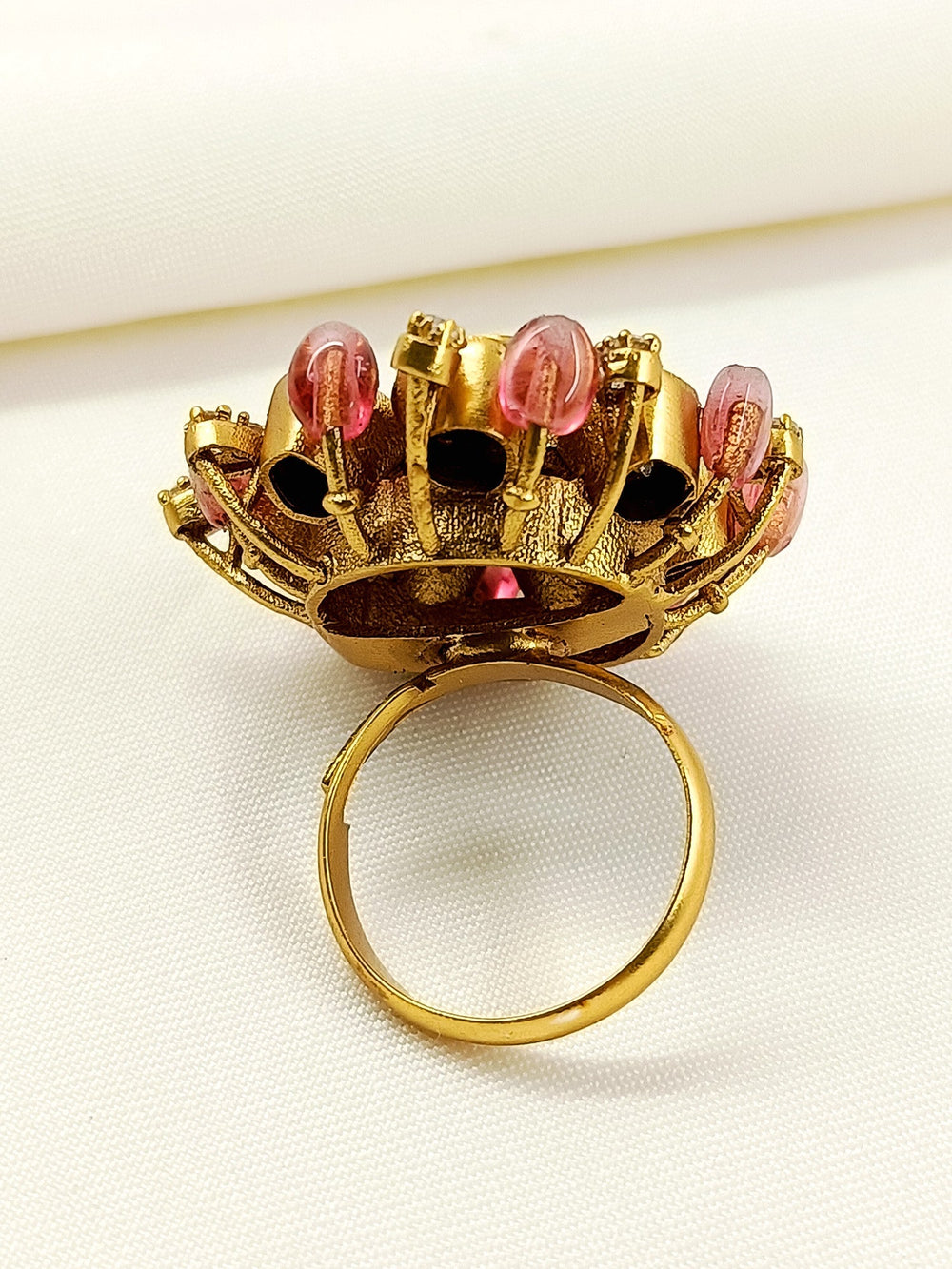 Abhikhya Pink Kundan Finger Ring - Adjustable Antique Gold